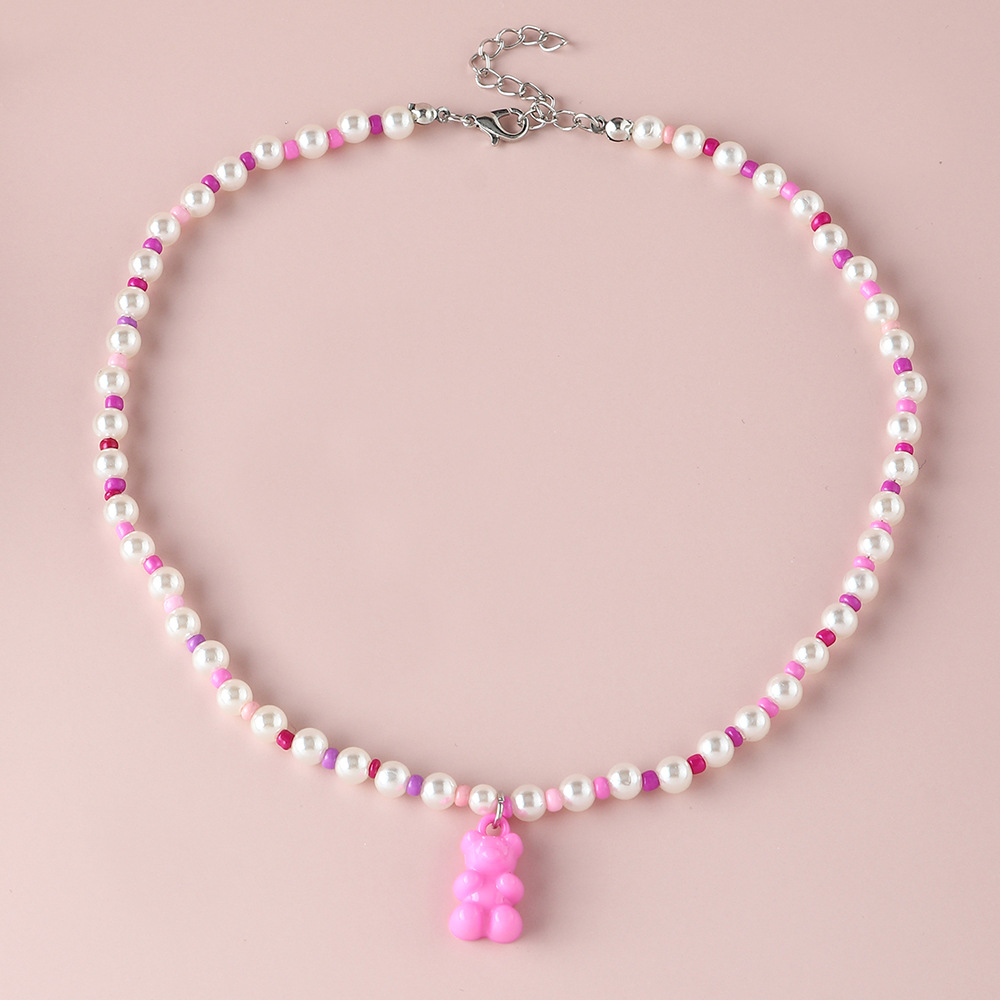 new macaron color jelly bear necklace personality trendy color rice bead pearl stitching clavicle ch