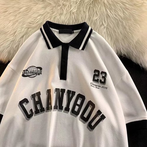 Summer Klein Blue American Retro Polo Shirt Short Sleeve T-Shirt for Men, National Trend Ins Loose Men's Half Sleeve T-Shirt