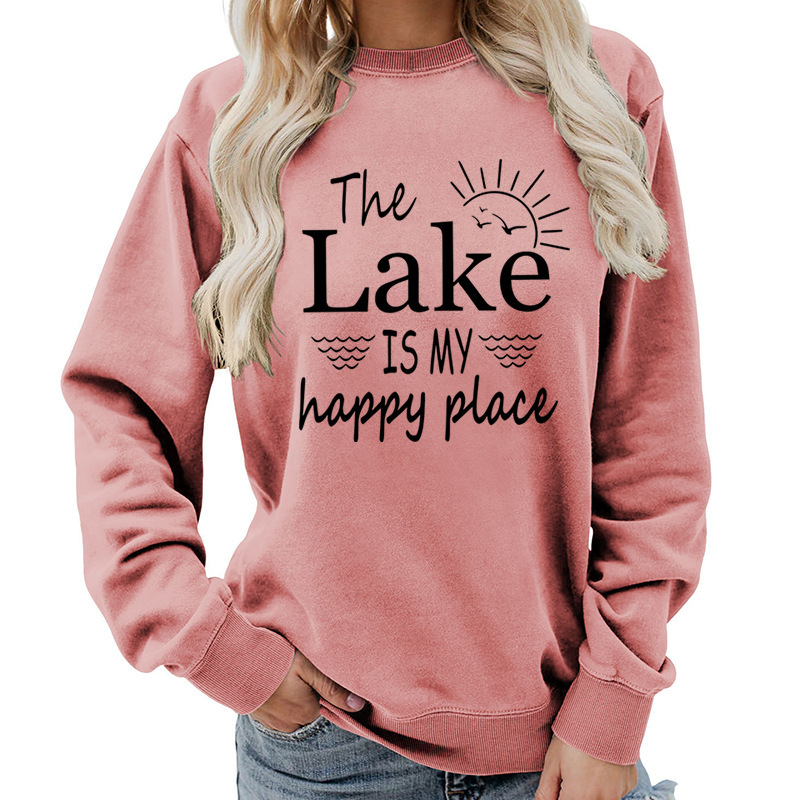 The Lake Is My Happy Place Printed Round Neck Women's Top Sweatshirt Autumn and Winter Amazon Supply