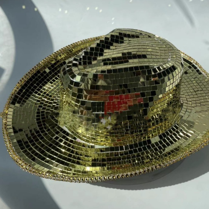 Disco espejo láser sombrero de vaquero fiesta fiesta de baile con lentejuelas sombrero occidental transfronterizo reflectante sombrero de rendimiento rosa plateado