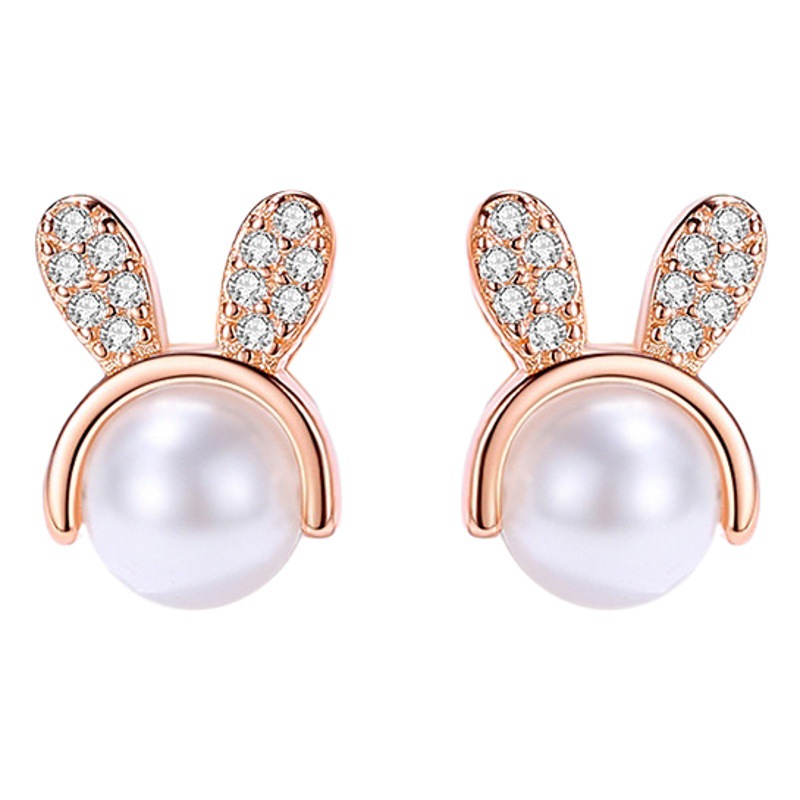 Lindo conejito diamante-incrustado pequeño S925 pendientes de plata elegante cuentas de plástico dulce pendientes de todo partido para las mujeres