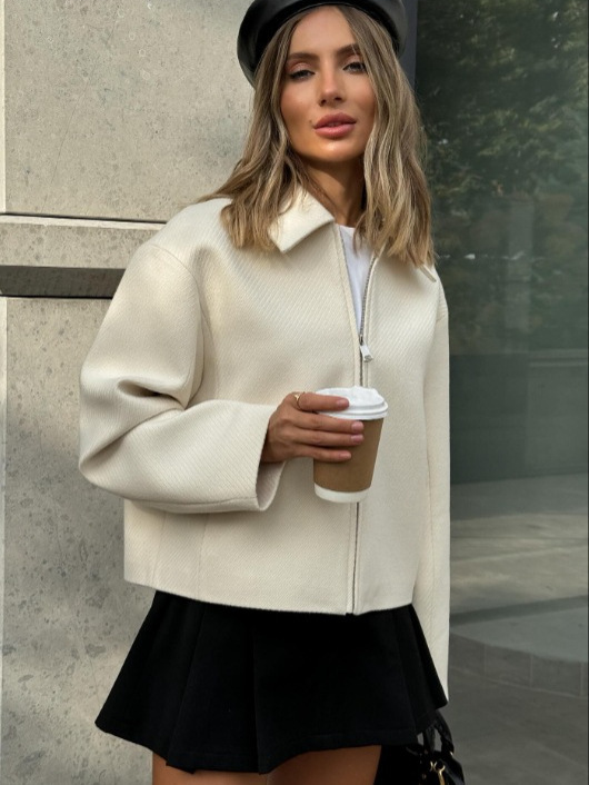 欧美跨境女装秋冬美式夹克纯色翻领复古短款外套时尚修身拉链上衣|undefined