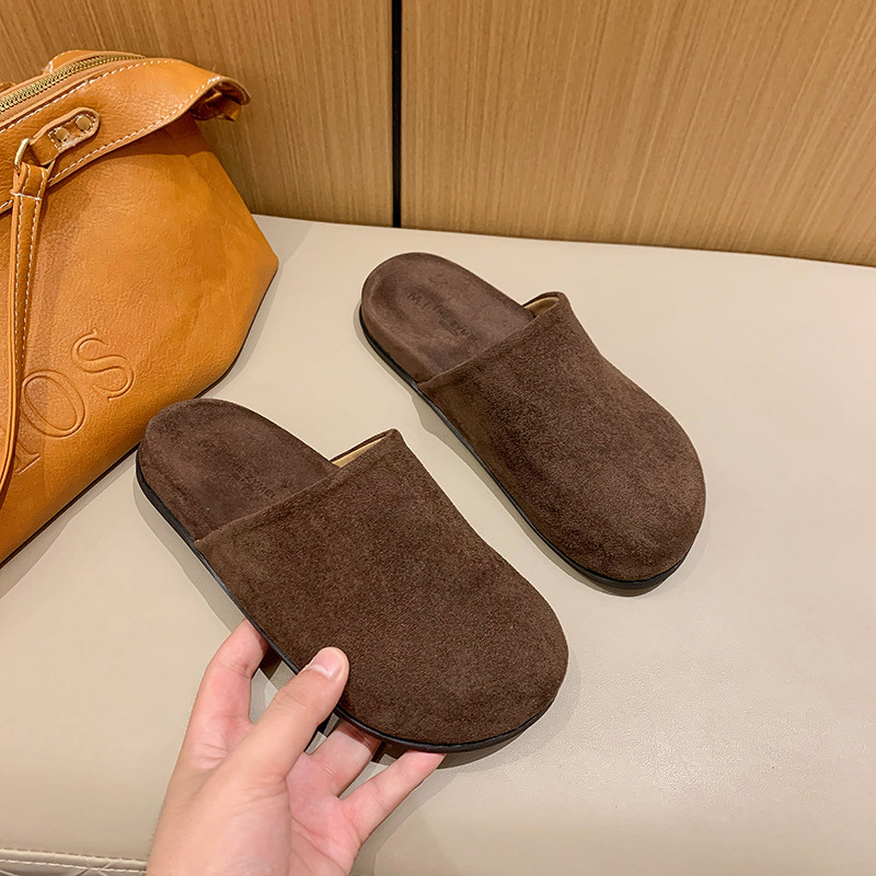 法式穆勒鞋女半包凉拖鞋夏季新品牛翻皮纯色圆头平跟软皮拖鞋女|undefined