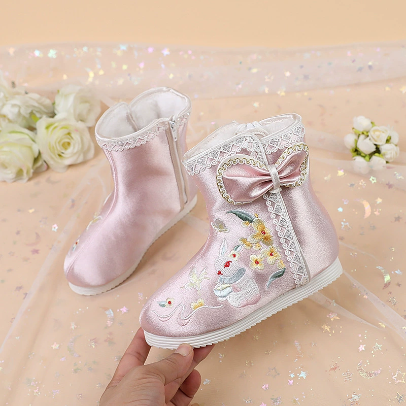 [Кролик] 2023 Зимние новые сапоги Hanfu для девочек сапоги на флисовой подкладке Обувь с вышивкой в китайском стиле старинные детские сапоги