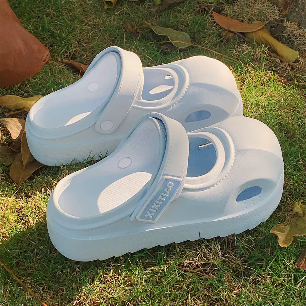 ins韩系玛丽珍拖鞋女户外懒人一脚蹬包头半拖厚底舒适洞洞凉鞋夏