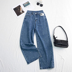 实拍欧美甜美气质洗水钉珠高腰直筒宽松显瘦阔腿牛仔长裤女JEANS