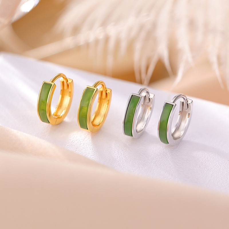 Bông tai ngọc bích Hetian tự nhiên bạc S925 mặt đá Jasper hình ống cong kiểu dáng giản dị — Mẫu bạc