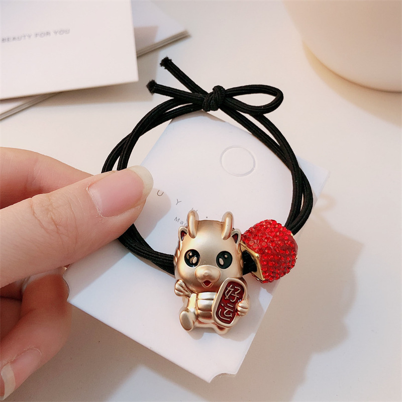 Año del Dragón Zodiaco de alta sensación metal rojo Año Nuevo anillo de cabello de alta altura cuerda elástica cuerda de cabello festiva adornos para el cabello