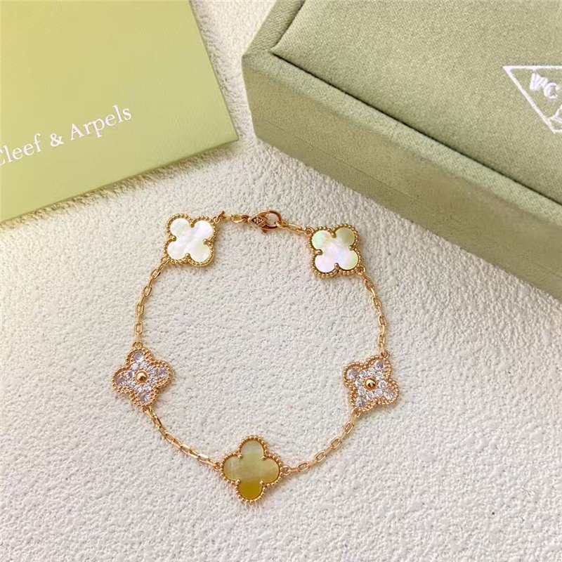 Four-leaf clover five-flower bracelet for women, gold-plated, double-sided lucky clover with diamonds, high-quality floral design with sparkling diamonds, lucky charm CNC Four-leaf clover five-flower bracelet for women, gold-plated, double-sided lucky clover with diamonds, high-quality floral design with sparkling diamonds, lucky charm CNC