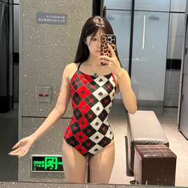 几何图案扑克梅花露背跨境2025韩国新款新款性感小胸连体泳衣女