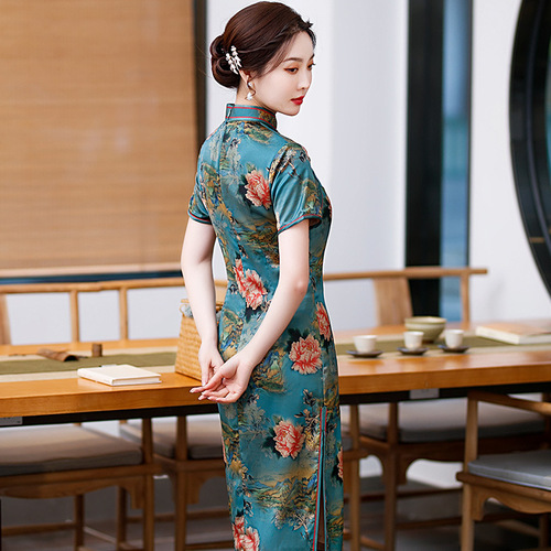 Retro Chinese Dress oriental Cheongsam for women long split cheongsam modified Chinese peony flower dress cultivate morality