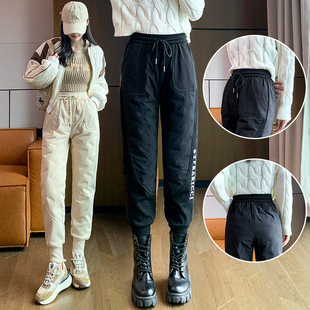 Down Pants for Women's Winter Outerwear, Slimming Look Fleece-Lined, Thickeneded, Large Size Warm Cotton Pants, Casual Martin Harem Pants, Cold Protection
