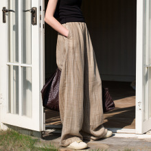 高端苎麻休闲裤子秋冬加绒加厚阔腿裤扎染做旧长裤棉麻宽松直筒裤