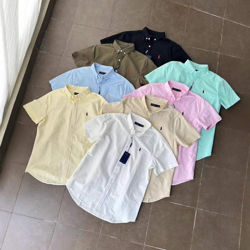 Cross-Border Raff Short-Sleeved Linen Cotton New Couple Shirt Casual Washed Pony Logo Casual Versatile Lapel Shirt