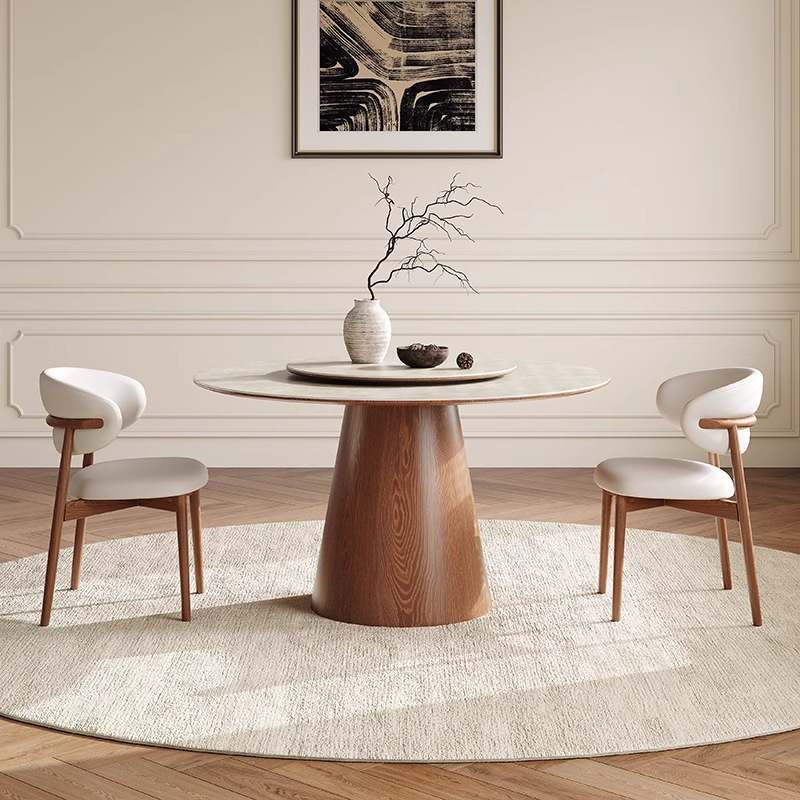 Mesa y silla de comedor de madera maciza francesa con mesa giratoria, mesa redonda de restaurante de color nuez moderna y simple