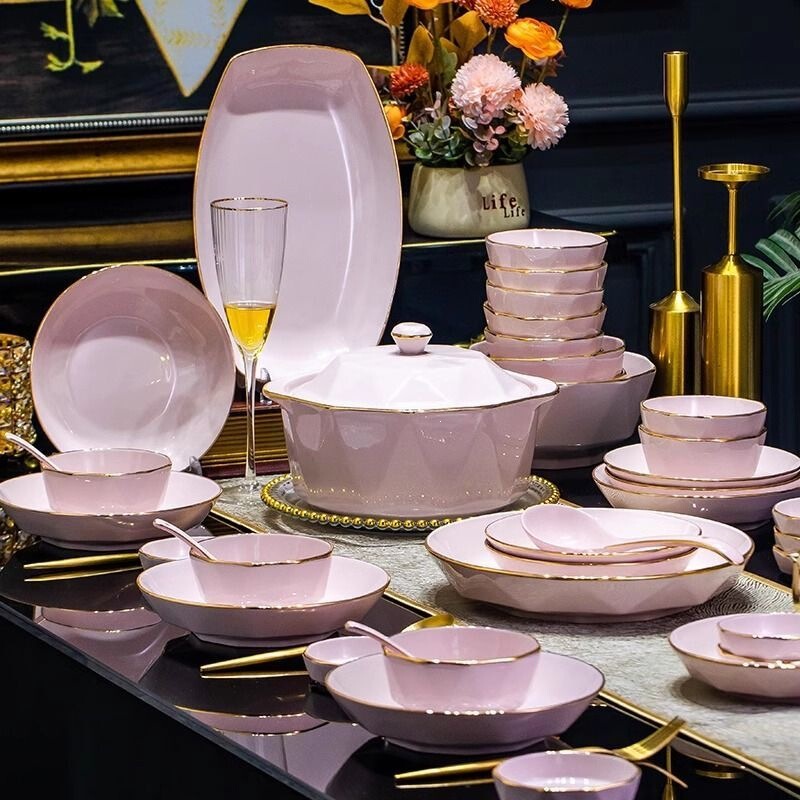 Pink tableware set for home use, complete with gold-rimmed bowls and plates, featuring beautiful underglaze designs, perfect for housewarming, with a minimalist and luxurious style