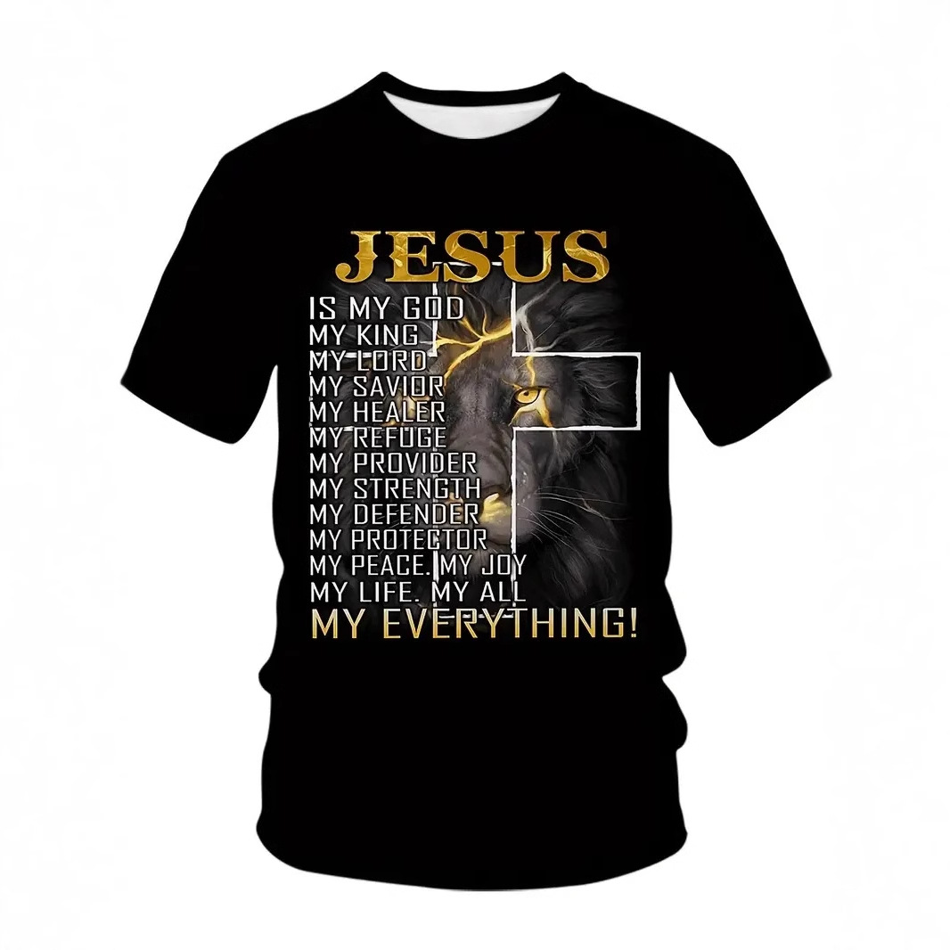 Lightning Lion Pascua Jesús Lema 3D Impreso Moda de verano para hombres Camiseta suelta transpirable de manga corta con cuello redondo