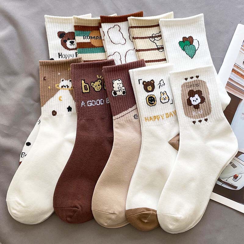 Spring and Autumn Socks Women's Mid-length Socks Ins Trendy High Color Value Cartoon Cute Women's Stockings Academic Style Autumn and Winter brown
