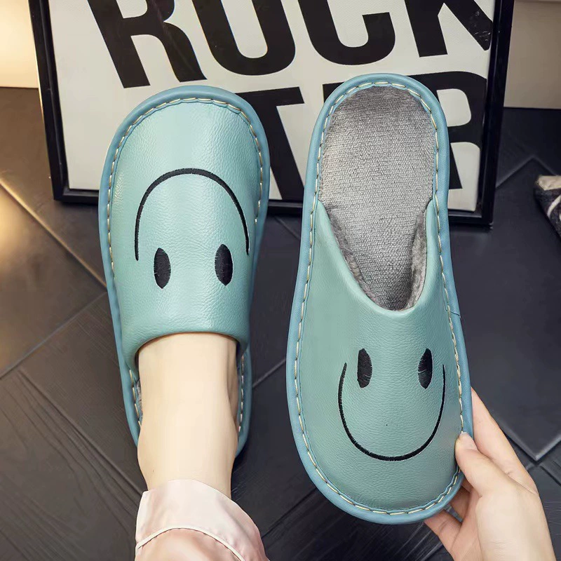 Тапочки из натуральной кожи из воловьей кожи, домашние зимние домашние теплые Нескользящие хлопковые тапочки из говяжьего сухожилия с мягкой подошвой, милые хлопковые тапочки с улыбающееся лицо для женщин