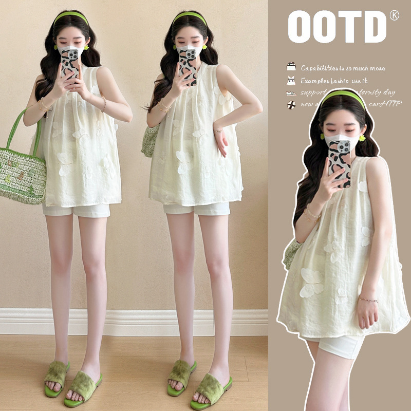 Maternity Suit Summer Three-Dimensional Butterfly Sleeveless Shirt Women's Summer High-End Halterneck Vest Doll Shirt Chiffon Shirt