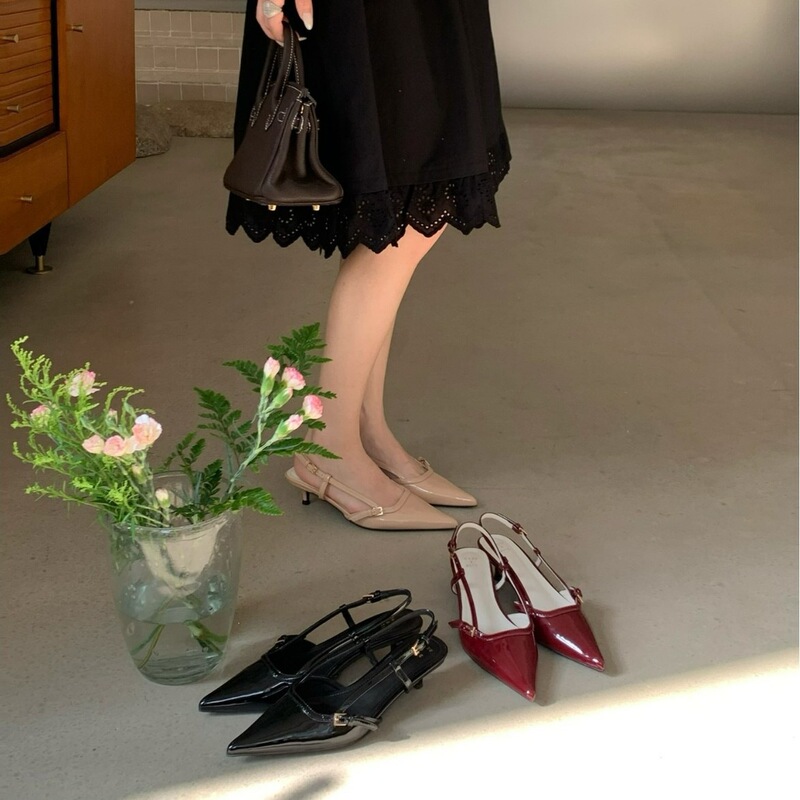 French-Style Pointed-Toe High-Heeled Shoes, Pink Closed-Toe Sandals for Women, New Spring and Summer Models, Stylish Patchwork Thin Heels, Open-Back Single Shoes, Trendy