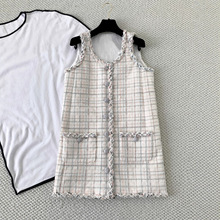 专供南油档口 25早秋新款简约气质贵气淡橘精致粗花呢马甲连衣裙