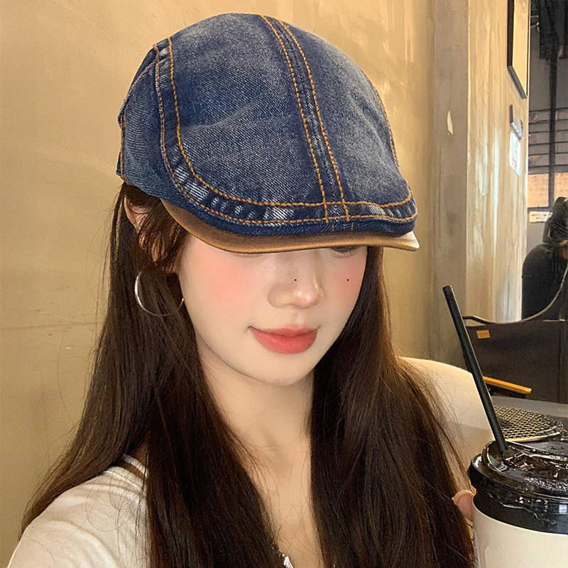 Japanese Retro Washed Denim Forward Cap for Women, Versatile Literary Style, Reverse-Wear Newsboy Cap, Casual Face-Slimming Beret