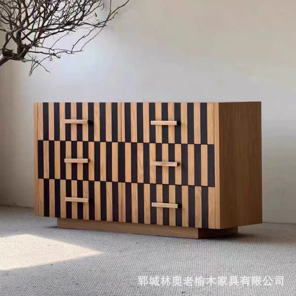 Chinese Elm Sideboard Multi-Drawer Storage Cabinet Chinese Antique Style Living Room Wall Solid Wood Storage Cabinet Six-Drawer Side Cabinet