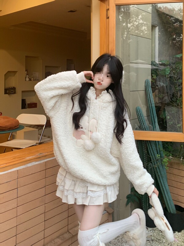 [300g Lamb Wool] Sweet Lamb Wool Rabbit Ear Hooded Fleece-Lined Thickened Sweatshirt for Women, Autumn and Winter Coat