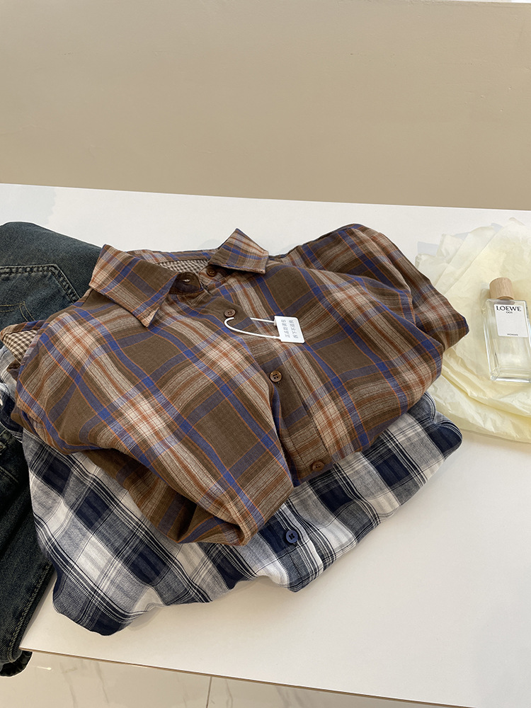 Áo sơ mi nữ dài tay vải gạc cotton hai lớp họa tiết kẻ sọc cổ điển dáng rộng — Kẻ sọc xanh (Bộ sưu tập mùa hè) chi tiết 9