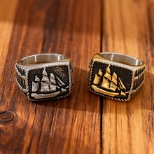 男士不锈钢帆船戒指 复古做旧航海风个性潮男指环 朋克风小众设计