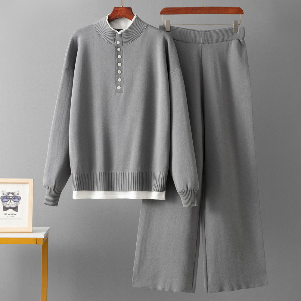 Damen Strick Zweiteiler Set Mit Lockerem Pullover Und Weiter Hose_voghion.com