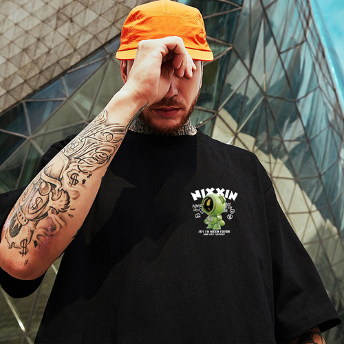 Summer INS Trend 5-Button Sleeve Men's Korean Style Short-Sleeve T-Shirt Casual Cartoon Loose BF Style Short T-Shirt