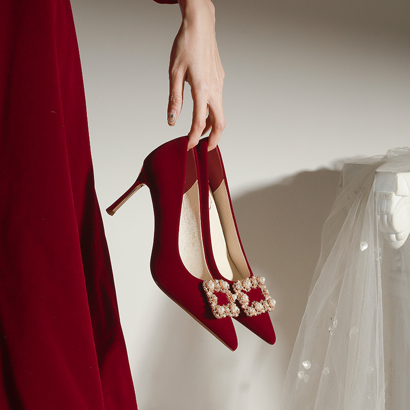 X766-28 Wedding Shoes Fine Heel Red Wedding Women's 2024 New High Heel Wedding Shoes Xiuhe Bridal Shoes Large Size 32-43