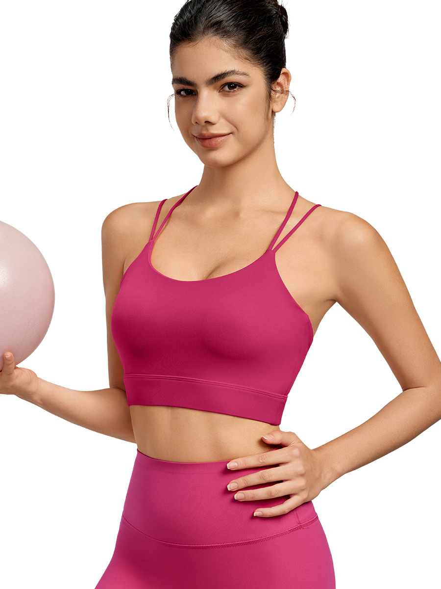 新商品の細い肩のベルトの運動のベストの半固定の杯の純色のヨガのブラジャーの高弾の美背はフィットネスの下着の女性を集めます。