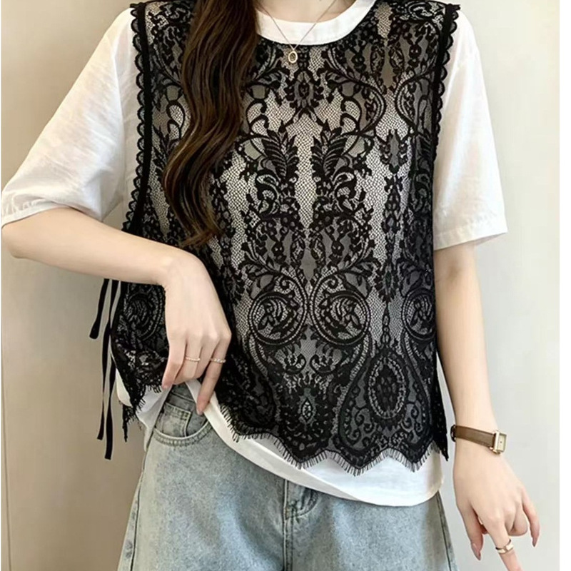 2026 Summer New Fashion Versatile Faux Two-Piece Shirt with Lace Splicing, Age-Reducing and Slimming Top, Other High-Elastic Items