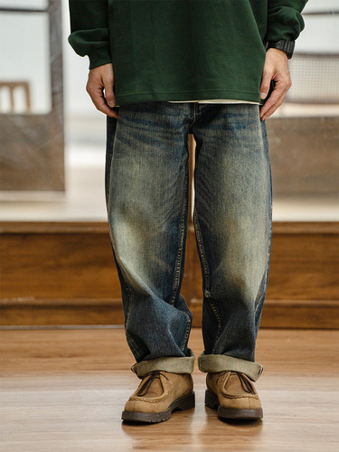 TRS Men's Apparel | 25SS New Japanese Loose 14OZ Vintage Distressed Cherry Red Denim Men's Jeans