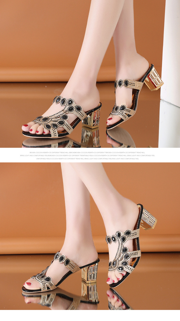 Women's Rhinestone High Heeled Sandals With Chunky Strap Heel_voghion.com