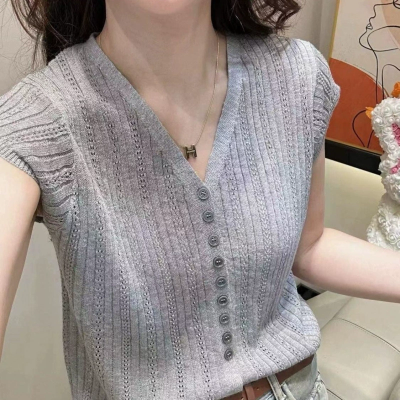 Женский трикотаж с вырезом на плечах и v-образным вырезом, с короткими рукавами, лето 2025, новый однобортный свободный модный повседневный топ для похудения