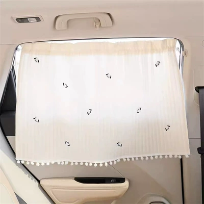 Side Curtain Car Baby Sun: Car curtains - quilted-wool-ball-embroidered-curtains-black-and-white-dog