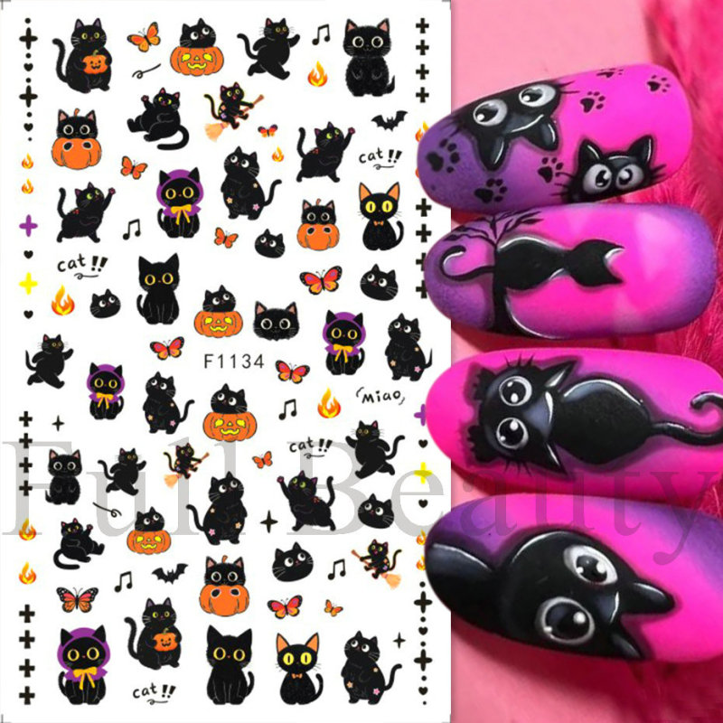 クロスボーダー新しいネイルアートステッカー ins ヨーロッパとアメリカのハロウィンスカルローズ黒猫粘着ネイルステッカー卸売|undefined