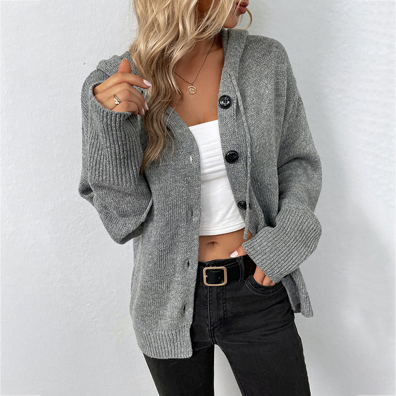 Light Rain Solid Color Hooded Single-Breasted Cross-Border Sweater for Women 2023 Autumn and Winter New Drawstring Knitted Cardigan Jacket for Women Light Rain Solid Color Hooded Single-Breasted Cross-Border Sweater for Women 2023 Autumn and Winter New Drawstring Knitted Cardigan Jacket for Women