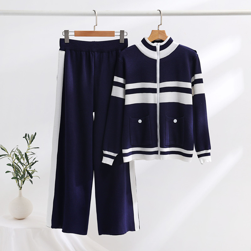 Women's Clothing Fashion suit autumn and winter color matching loose temperament cardigan top skinny pants knitted two piece suit for women_voghion.com