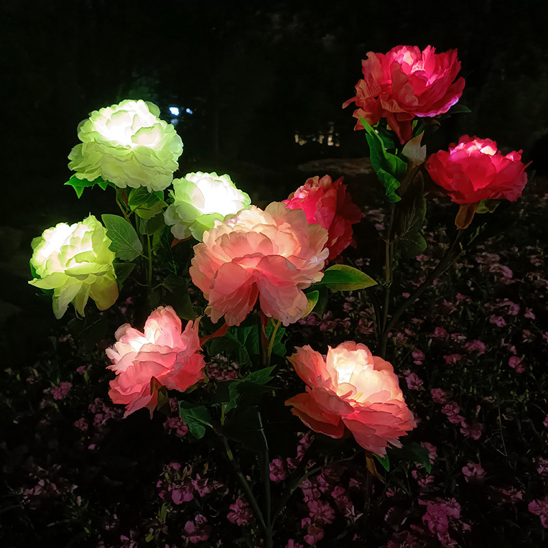 戶外LED仿真花燈室外庭院裝飾草坪燈花園地插燈3頭太陽能牡丹花燈