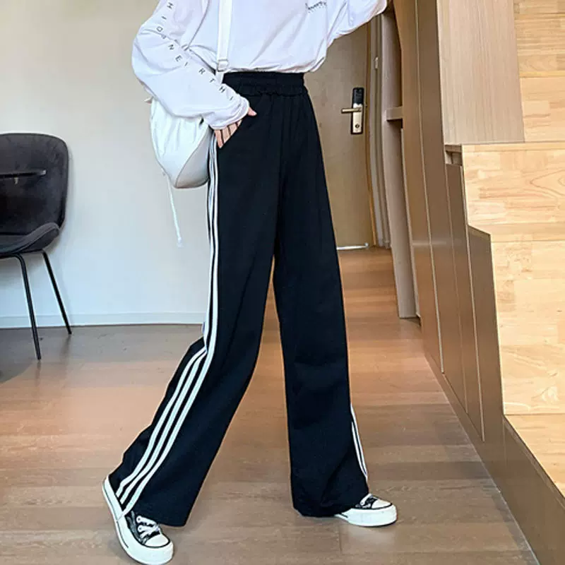 【涤纶鱼鳞 】2023新款春秋三条杠阔腿裤子高腰宽松运动休闲裤女
