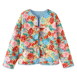 2024秋wish亚马逊eBay撞色花朵系带小棉衣休闲棉服