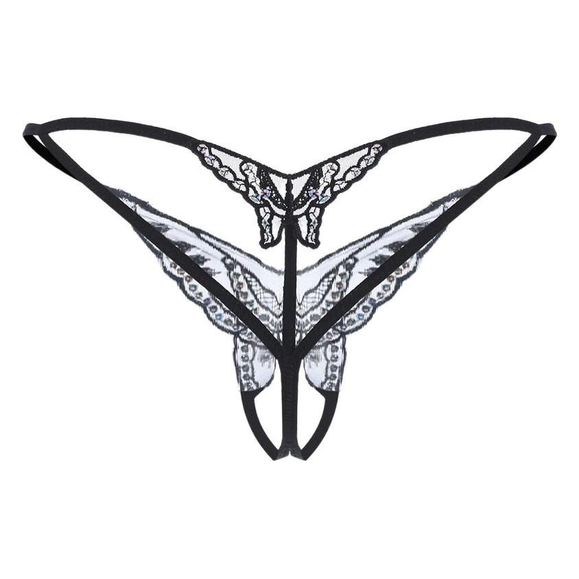 Más tamaño ropa interior sexy Lencería lentejuelas bordado entrepierna abierta Tanga mujeres sexy transparente T pantalones fuente fábrica