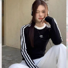 跨境外贸三叶草卫衣刺绣圆领正肩长袖T恤打底衫弹力修身上衣女装