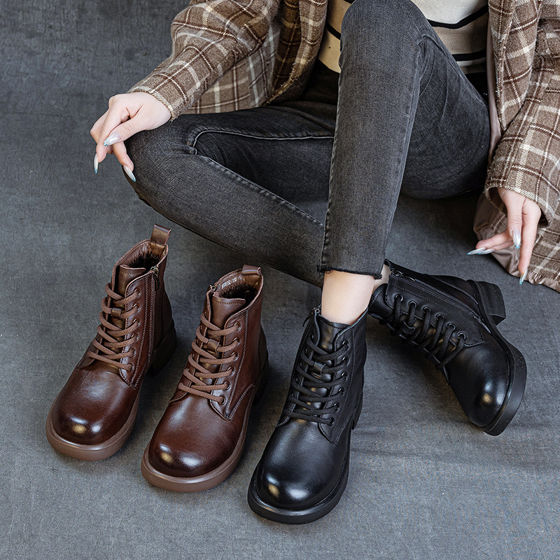 First-Layer Cowhide Boots Autumn and Winter New Thick Heel Soft Sole Non-Slip British Versatile Low-Cut Fleece-Lined Warm Women's Leather Boots