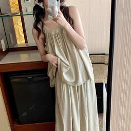 韩版吊带背心睡衣女夏天暗纹素雅绿阔腿裤家居服两件套休闲可外穿